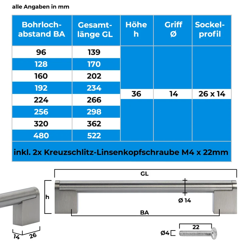 Möbelgriff Edelstahl gebürstet Schrankgriff Metall 14mm Durchmesser