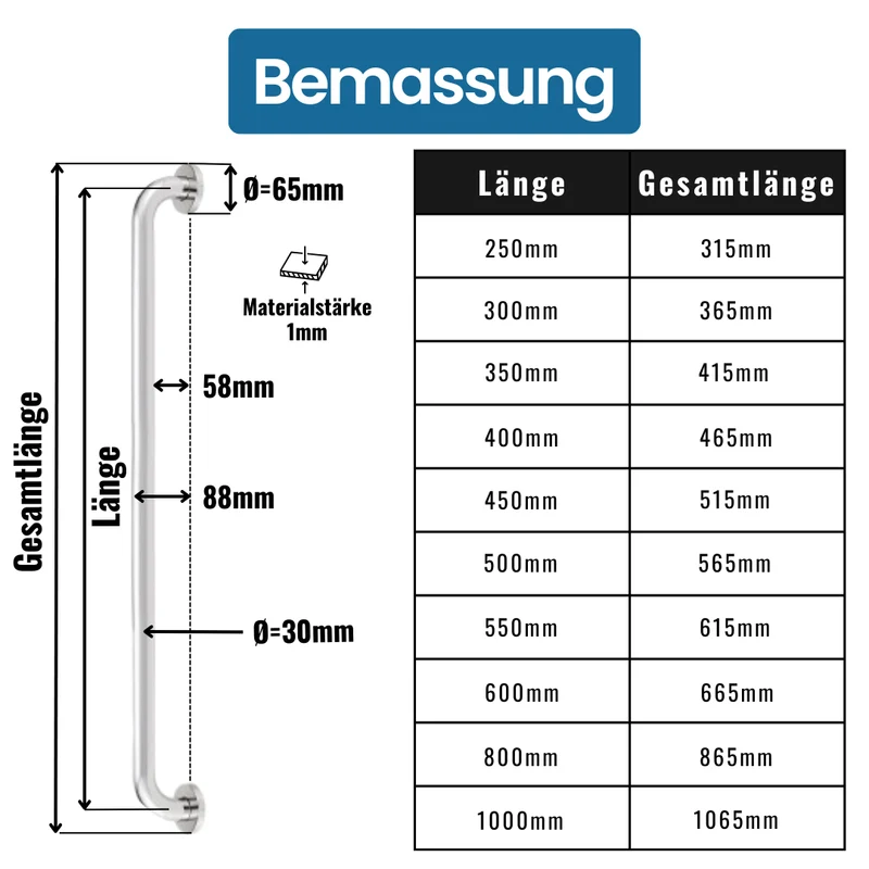 Dusche Haltegriff Ø 30mm aus Edelstahl - hochglanz