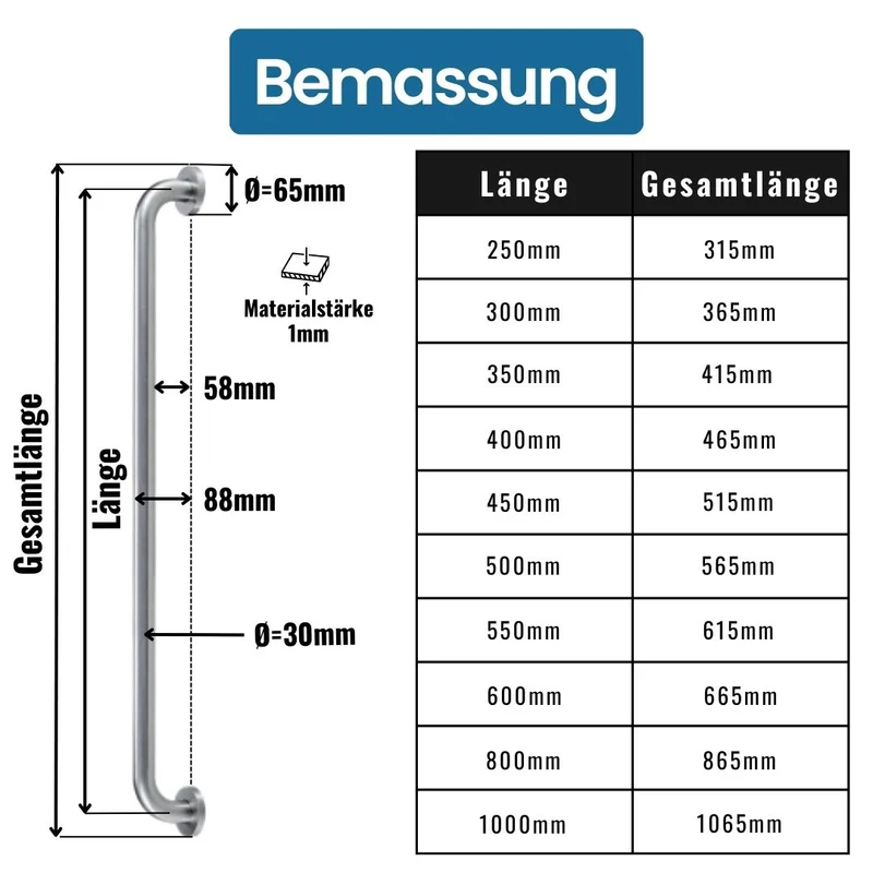 Dusche Haltegriff Ø 30mm aus Edelstahl - gebürstet