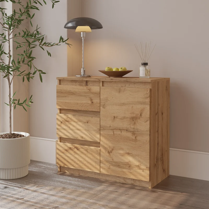 MIKEL - Kommode / Sideboard mit 3 Schubladen und 1 Tür - Wotan Eiche H75cm B80cm T35cm