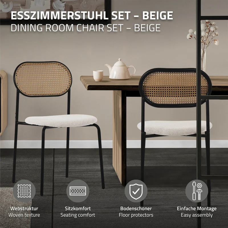 Esszimmerstuhl 6er Set Beige bis 120 kg Rattan Rückenlehne ML-Design
