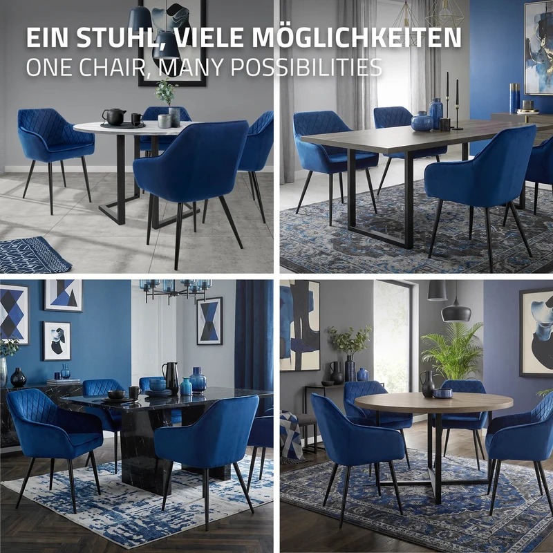 Esszimmerstuhl 6er Set Rauten Steppung mit Rücken- und Armlehnen Dunkelblau Küchenstuhl mit Microfaser-Samtbezug ML-Design