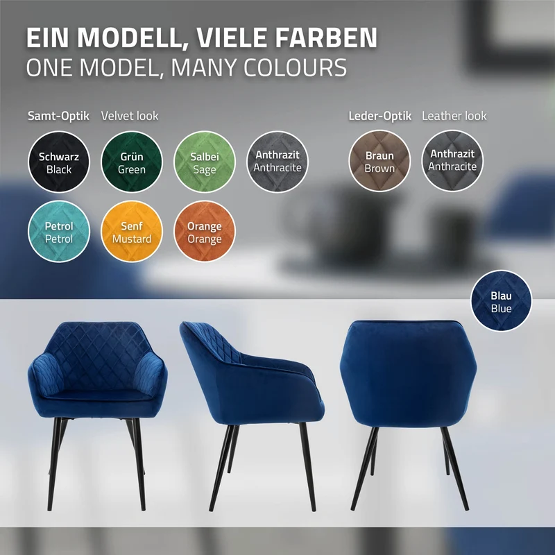 Esszimmerstuhl 6er Set Rauten Steppung mit Rücken- und Armlehnen Dunkelblau Küchenstuhl mit Microfaser-Samtbezug ML-Design
