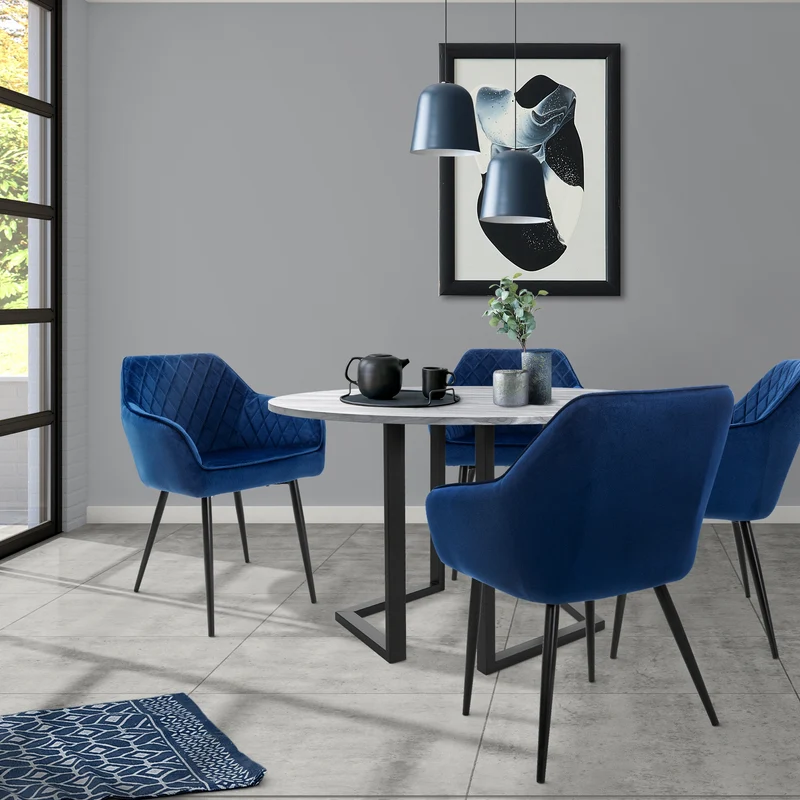 Esszimmerstuhl 6er Set Rauten Steppung mit Rücken- und Armlehnen Dunkelblau Küchenstuhl mit Microfaser-Samtbezug ML-Design