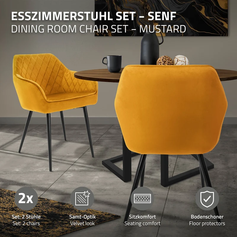 Esszimmerstühle mit Rücken- & Armlehne 2er Set Senfgelb Samtbezug mit Metallbeinen ML-Design
