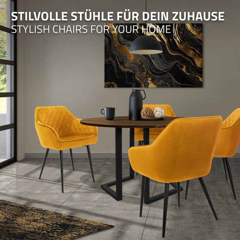 6er Set Esszimmerstühle mit Rücken- & Armlehne Senfgelb Samtbezug mit Metallbeinen ML-Design