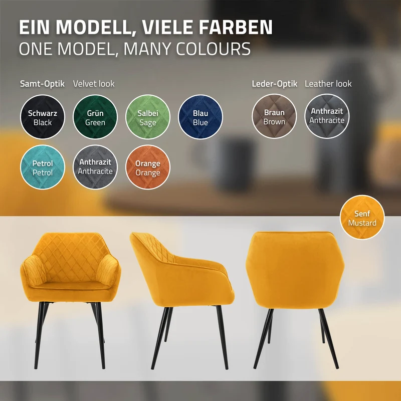 6er Set Esszimmerstühle mit Rücken- & Armlehne Senfgelb Samtbezug mit Metallbeinen ML-Design