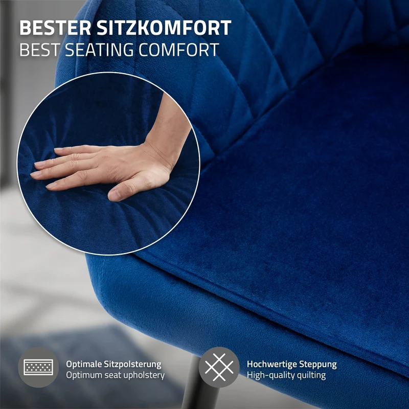 Esszimmerstuhl 2er Set Rauten Steppung mit Rücken- und Armlehnen Dunkelblau Küchenstuhl mit Microfaser-Samtbezug ML-Design