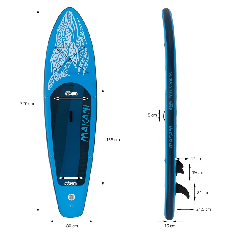 B-Ware Stand Up Paddle aufblasbares SUP Board Makani 320x80x15 cm in Blau aus PVC inkl. Pumpe und Tragetasche