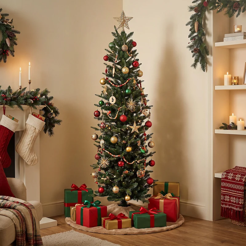 ECD Germany | Künstlicher Weihnachtsbaum Naturgetreu 150 cm Kunststoff Grün Tannenbaum Christbaum mit Standfuß Weihnachtsdeko Innen Kunstbaum schmal