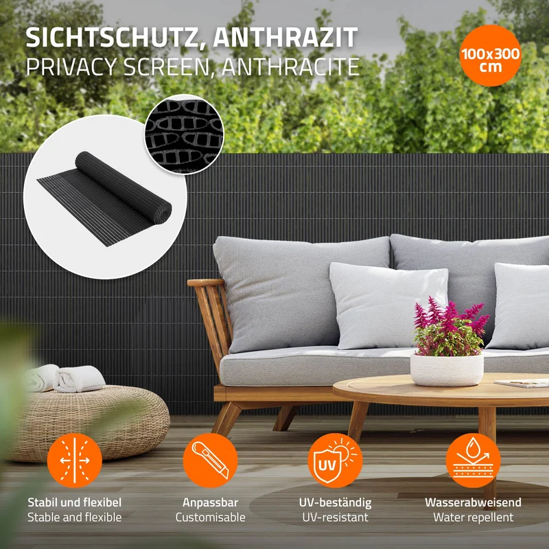 Sichtschutzmatte 100x300 cm Sichtschutzzaun Windschutz Balkonschutz PVC Anthrazit UV-beständig
