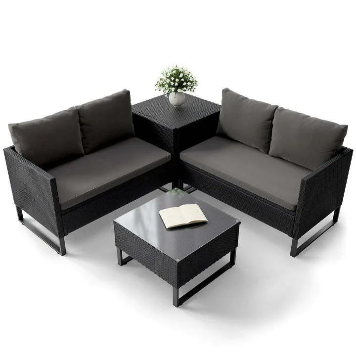 B-Ware Gartenlounge Santorini 4 Personen modulare Polsterlounge Polyrattan Schwarz