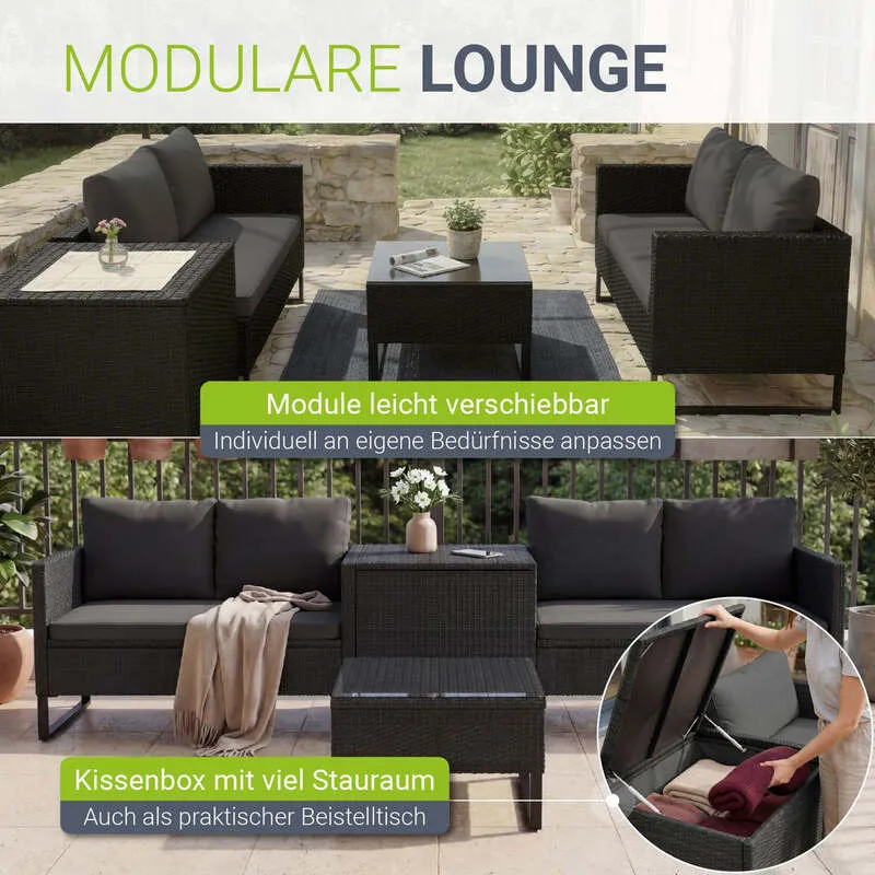 B-Ware Gartenlounge Santorini 4 Personen modulare Polsterlounge Polyrattan Schwarz