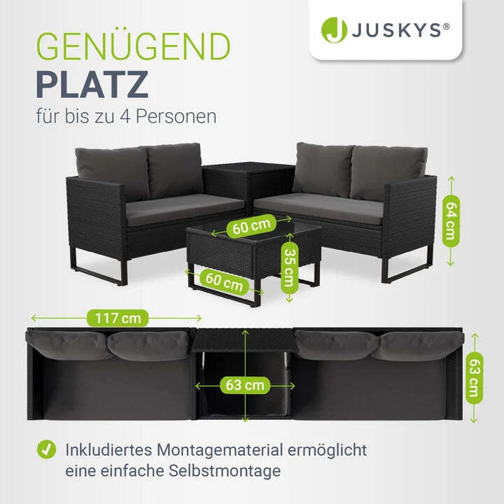 B-Ware Gartenlounge Santorini 4 Personen modulare Polsterlounge Polyrattan Schwarz