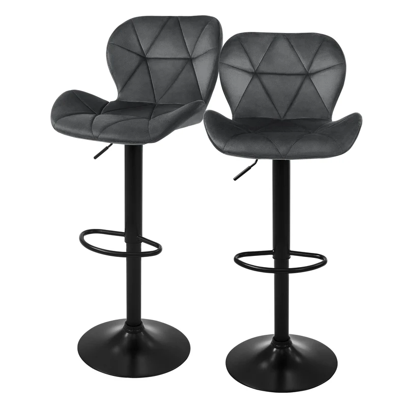 Barhocker 2er Set Grau Samtbezug mit Rückenlehne und Fußstütze höhenverstellbar 59-79cm ML-Design