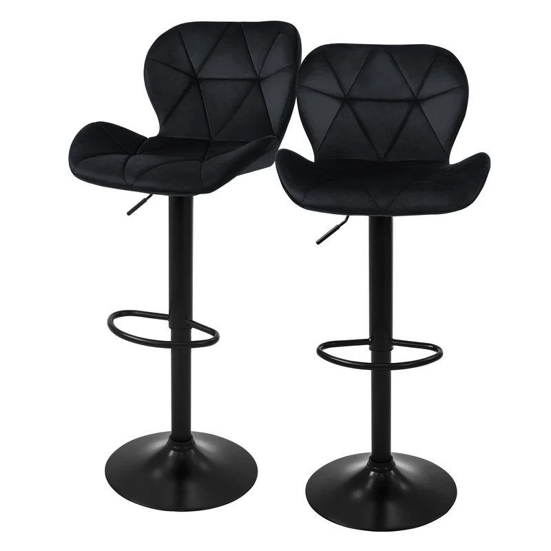 Barhocker 2er Set Schwarz Samtbezug mit Rückenlehne und Fußstütze höhenverstellbar 59-79cm ML-Design