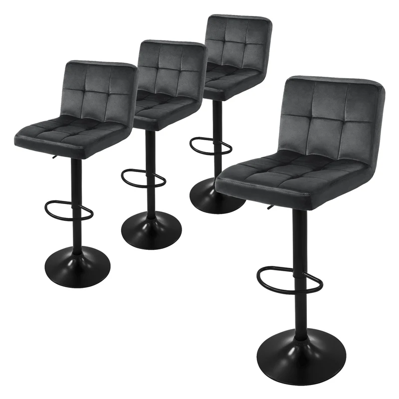 Barhocker Set mit Samtbezug Quadrat Steppung Höhenverstellbar mit Rückenlehne & Fußstütze