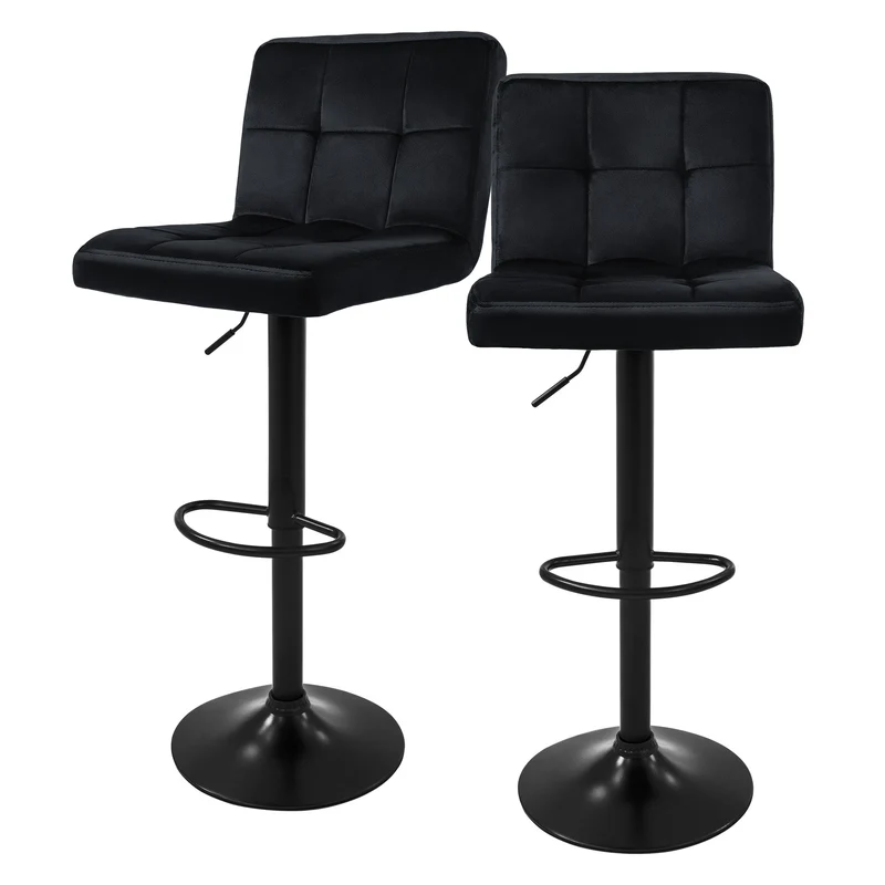 Barhocker 2er Set Schwarz Samtbezug mit Rückenlehne und Fußstütze höhenverstellbar 63-83cm ML-Design