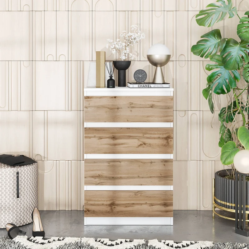GABRIEL - Kommode / Sideboard mit 4 Schubladen - Weiß Matt / Wotan Eiche H92cm B60cm T33cm
