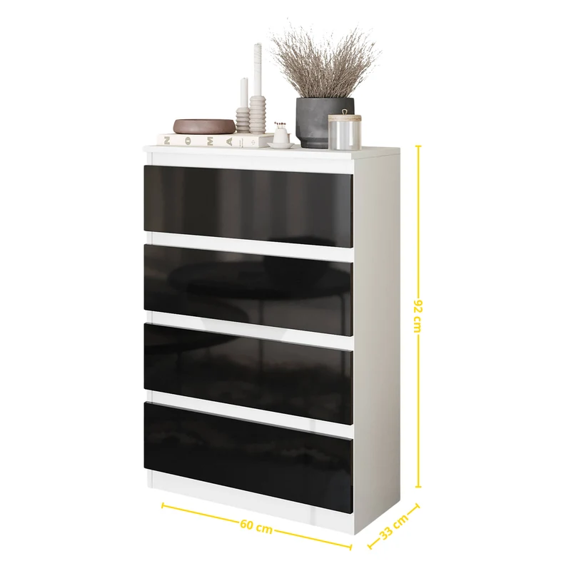 GABRIEL - Kommode / Sideboard mit 4 Schubladen - Weiß Matt / Schwarz Gloss H92cm B60cm T33cm