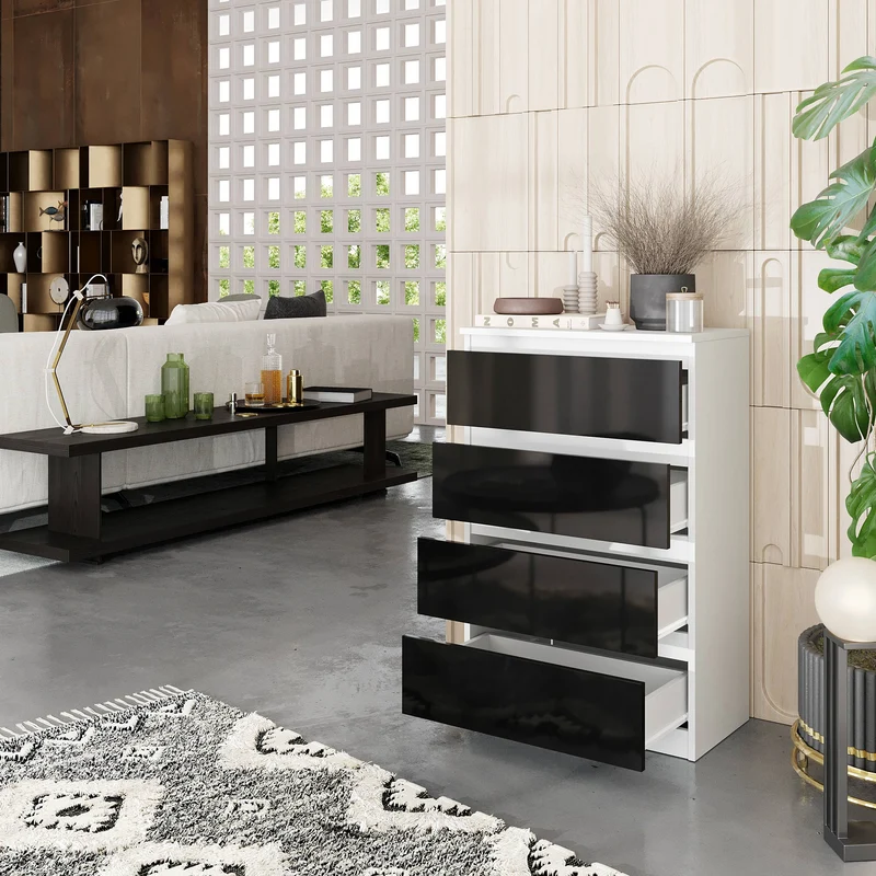 GABRIEL - Kommode / Sideboard mit 4 Schubladen - Weiß Matt / Schwarz Gloss H92cm B60cm T33cm