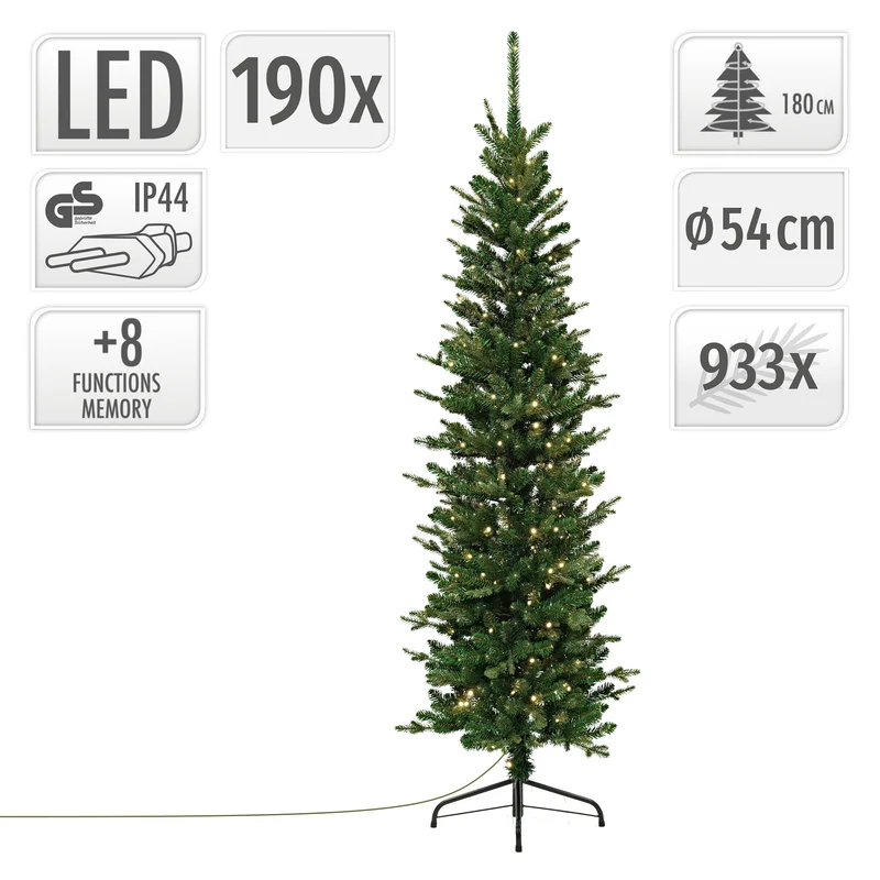 ECD Germany | Künstlicher Weihnachtsbaum Naturgetreu mit Lichterkette 180 cm Grün Tannenbaum mit Standfuß Weihnachtsdeko Christbaum schmal 933 Spitzen