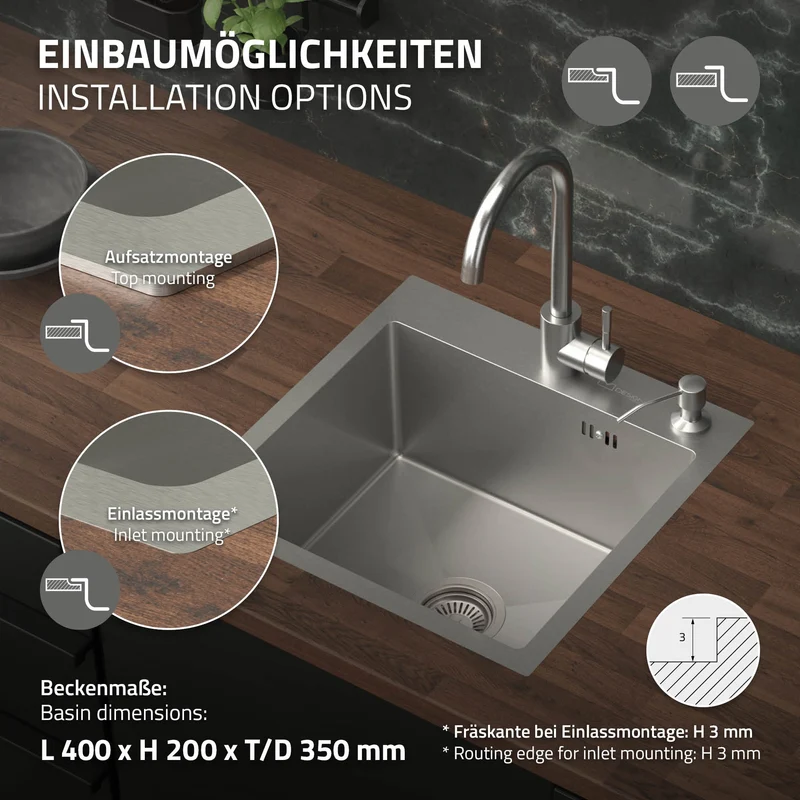 Einbauspüle 45x45 cm Silber mit Ablaufgarnitur und Überlauf aus Edelstahl ML-Design