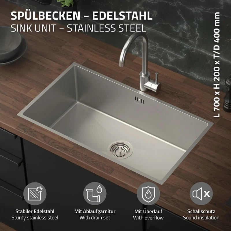 Einbauspüle 70x40 cm Silber mit Ablaufgarnitur und Überlauf aus Edelstahl ML-Design
