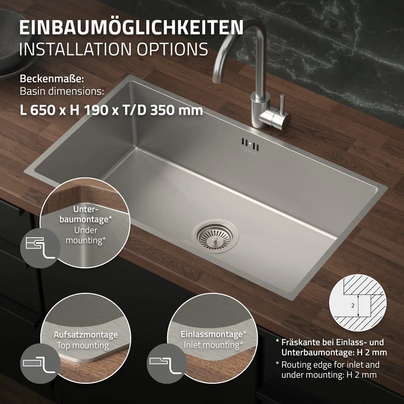 Einbauspüle 70x40 cm Silber mit Ablaufgarnitur und Überlauf aus Edelstahl ML-Design