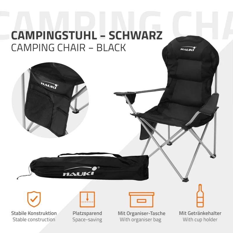2x Campingstuhl faltbar bis 150 kg Schwarz mit Getränkehalterung inkl. Tragetasche Hauki