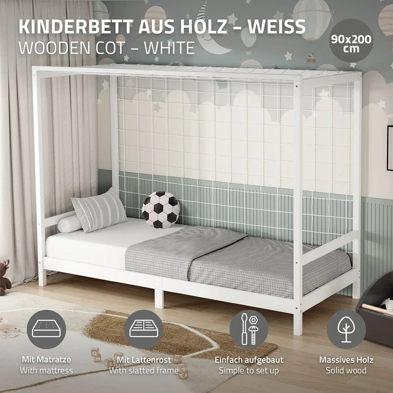 Kinderbett Fußballtor 90x200 cm Weiß aus Kiefernholz mit Matratze H-10cm Handballtor mit Lattenrost & Tornetz ML-Design