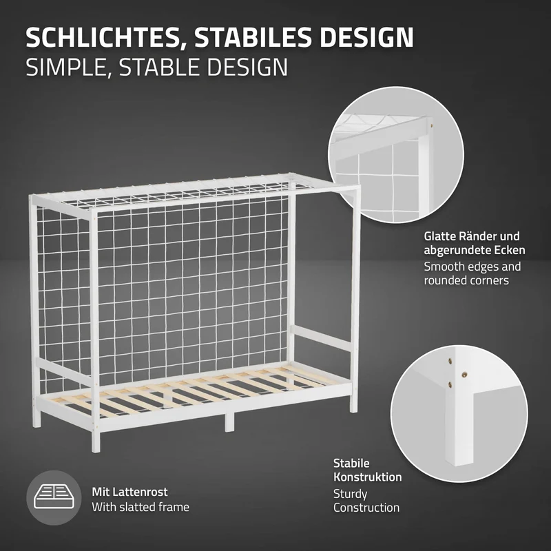 Kinderbett Fußballtor 90x200 cm Weiß Einzelbett für Kinder Holzbett mit Lattenrost & Tornetz Handballtor ML-Design