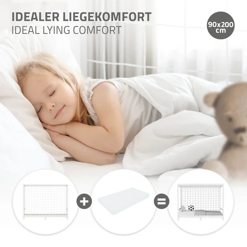 Kinderbett Fußballtor 90x200 cm Weiß Einzelbett für Kinder Holzbett mit Lattenrost & Tornetz Handballtor ML-Design