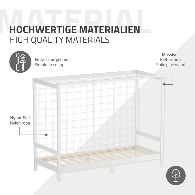 Kinderbett Fußballtor 90x200 cm Weiß Einzelbett für Kinder Holzbett mit Lattenrost & Tornetz Handballtor ML-Design