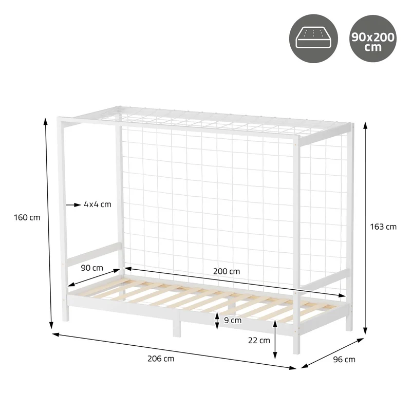 Kinderbett Fußballtor 90x200 cm Weiß Einzelbett für Kinder Holzbett mit Lattenrost & Tornetz Handballtor ML-Design