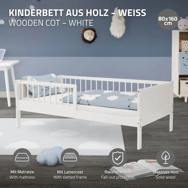 Kinderbett 80x160 cm mit Matratze, Lattenrost und Rausfallschutz in Weiß ML-Design