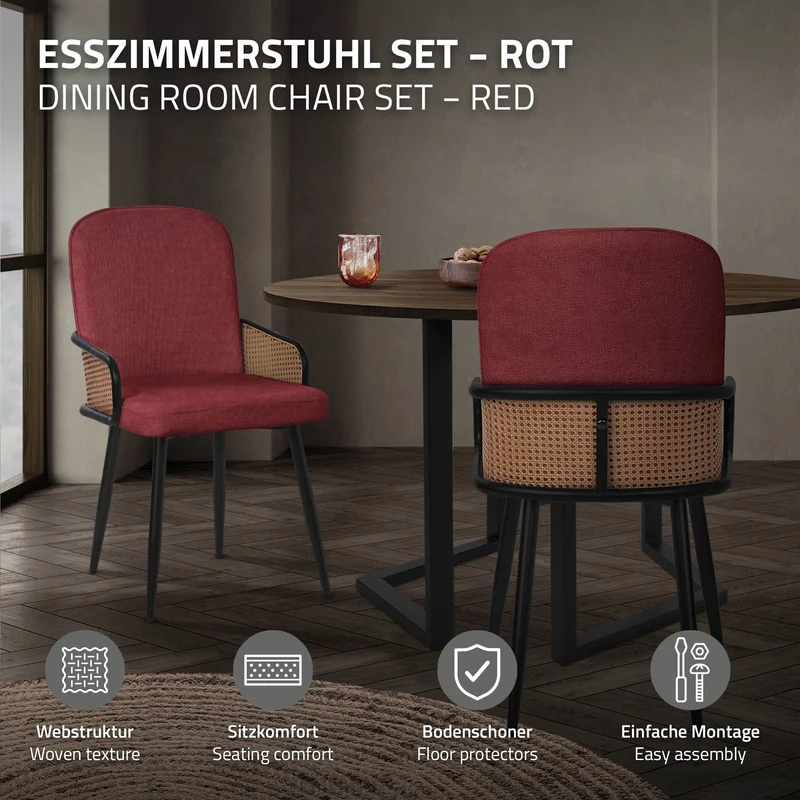 Esszimmerstühle 4er Set Rot mit Arm- & Rückenlehne, Polsterstühle für Esszimmer & Küche ML-Design