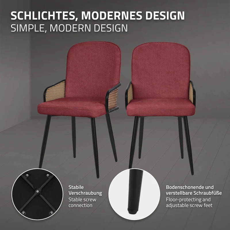 Esszimmerstühle 4er Set Rot mit Arm- & Rückenlehne, Polsterstühle für Esszimmer & Küche ML-Design