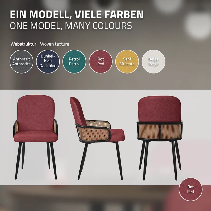 Esszimmerstühle 4er Set Rot mit Arm- & Rückenlehne, Polsterstühle für Esszimmer & Küche ML-Design
