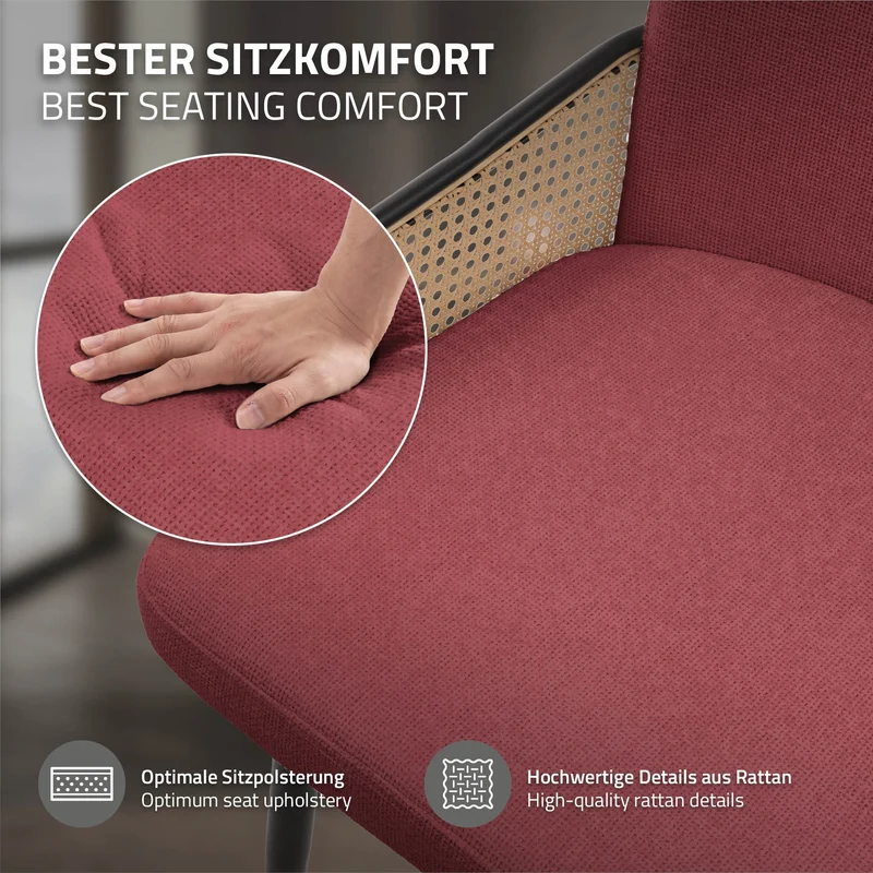 Esszimmerstühle 6er Set Rot mit Arm- & Rückenlehne, Polsterstühle für Esszimmer & Küche ML-Design