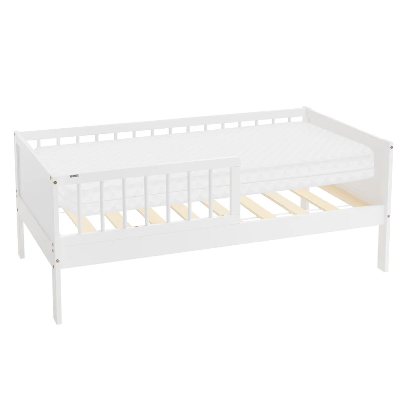 Kinderbett 70x140 cm mit Matratze, Lattenrost und Rausfallschutz in Weiß ML-Design