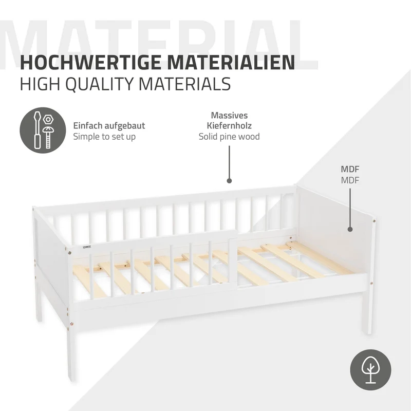 Kinderbett 70x140 cm mit Matratze, Lattenrost und Rausfallschutz in Weiß ML-Design
