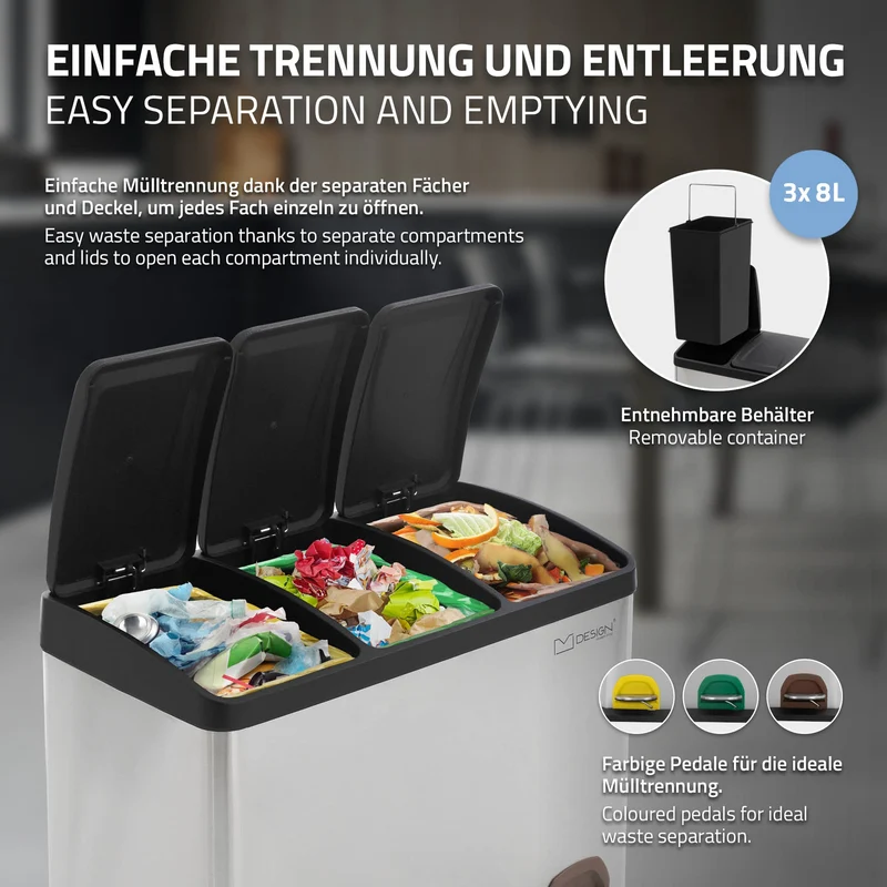 Mülleimer mit Trennsystem 3x Fächer aus Stahl ML-Design