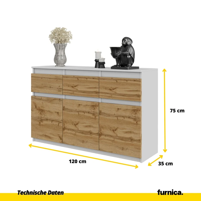 NOAH - Kommode / Sideboard mit 3 Schubladen und 3 Türen - Weiß Matt / Wotan Eiche H75cm B120cm T35cm
