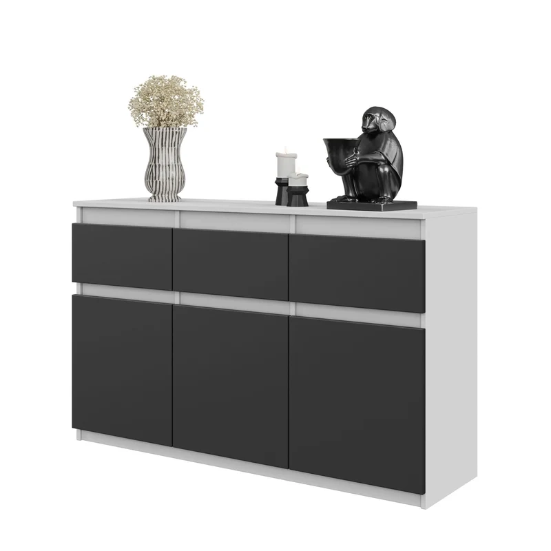 NOAH - Kommode / Sideboard mit 3 Schubladen und 3 Türen - Weiß Matt / Anthrazit Grau H75cm B120cm T35cm
