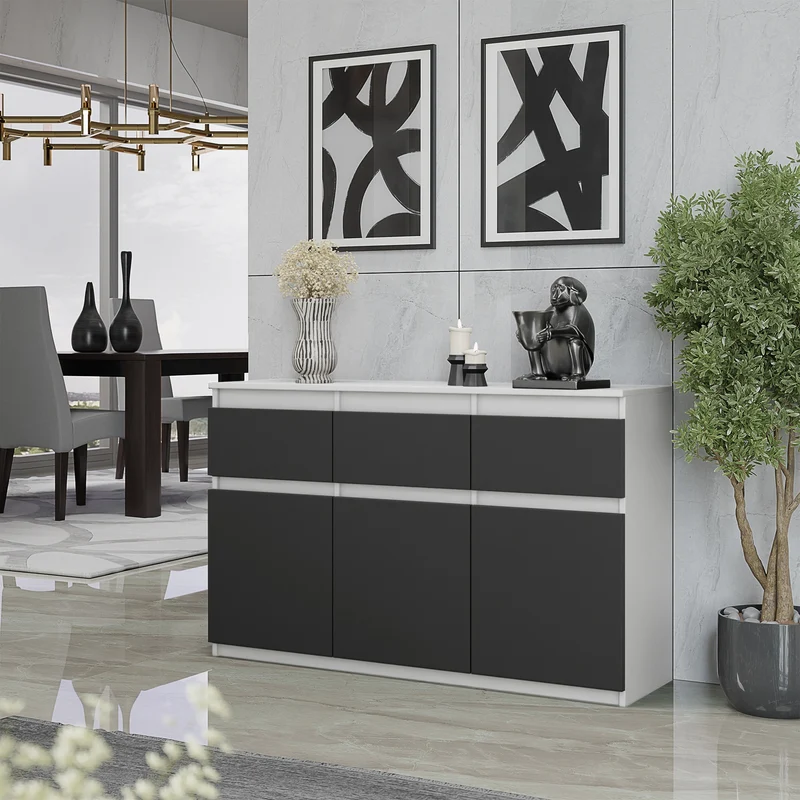 NOAH - Kommode / Sideboard mit 3 Schubladen und 3 Türen - Weiß Matt / Anthrazit Grau H75cm B120cm T35cm