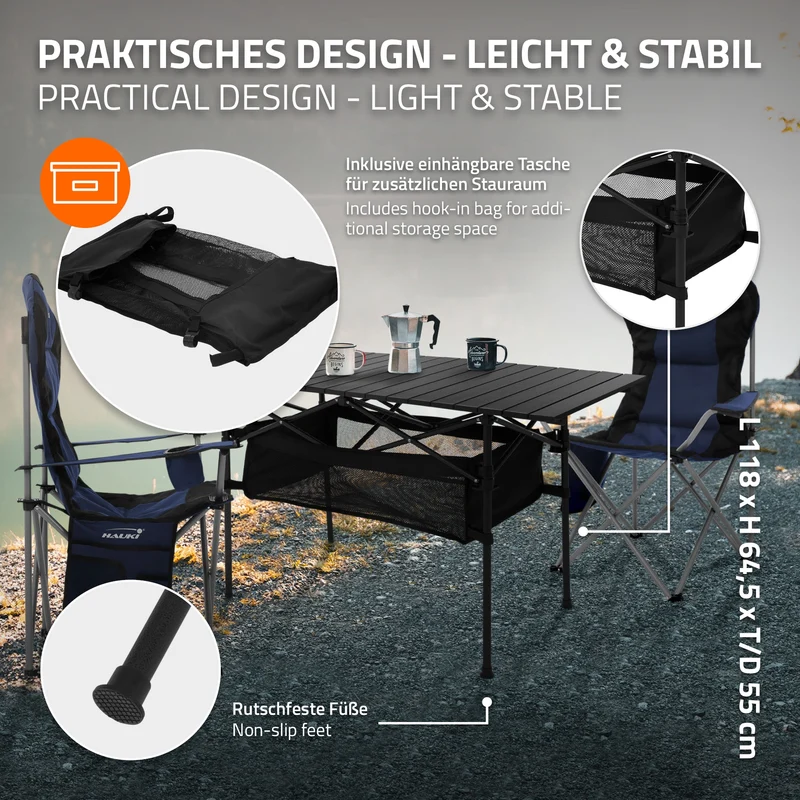 Camping Set 3-teilig mit Klapptisch Schwarz und 2 Campingstühlen Blau HAUKI