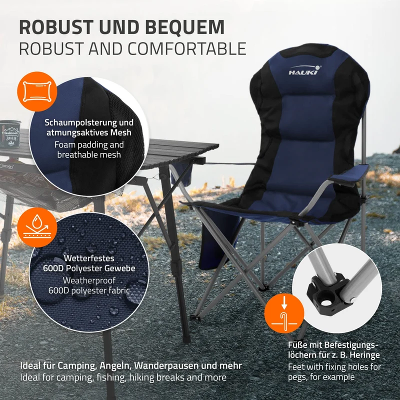 Camping Set 3-teilig mit Klapptisch Schwarz und 2 Campingstühlen Blau HAUKI