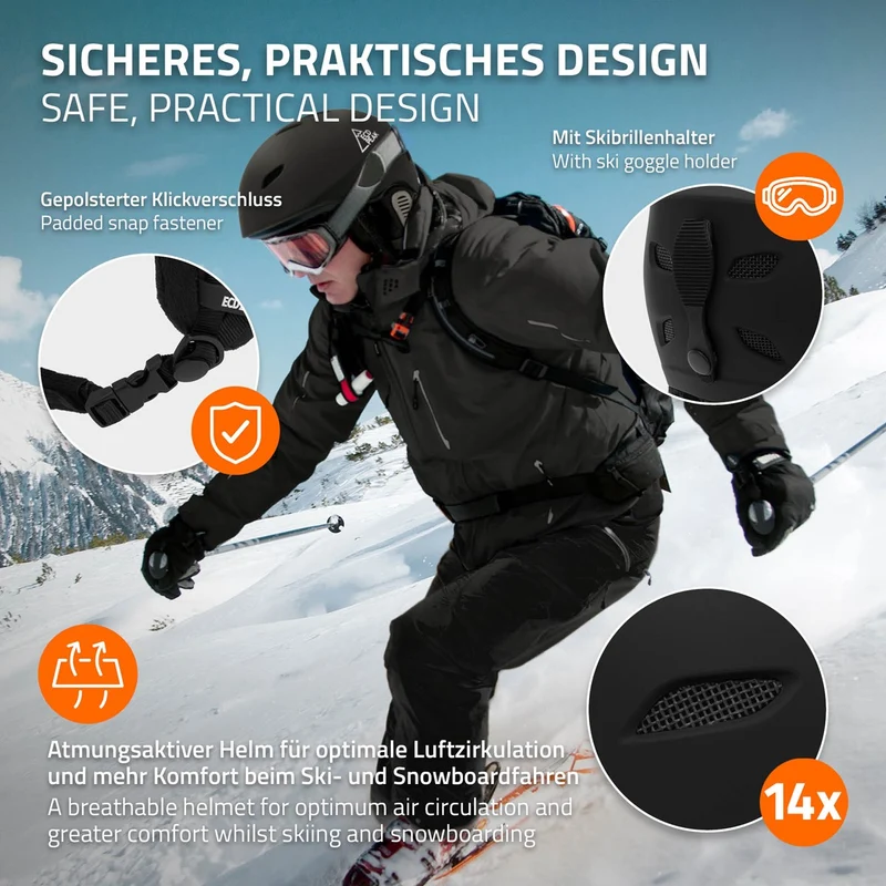 ECD Germany | Skihelm für Herren und Damen L (58-61 cm) Schwarz Snowboardhelm mit Belüftungssystem & Skibrillenhalter, optimaler Schutz & Tragekomfort