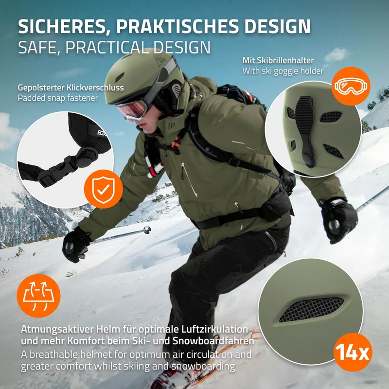 ECD Germany | Skihelm für Herren und Damen L (58-61 cm) Grün Snowboardhelm mit Belüftungssystem & Skibrillenhalter, optimaler Schutz & Tragekomfort